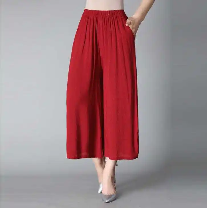 2020 summer cotton and linen nine-point wide-leg pants female high waist casual skirt pants loose large size linen big feet