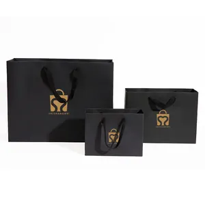 Impressão personalizada logotipo varejo boutique bolsas de papel preto roupas sapatos tote shopping papel embalagem saco com alça