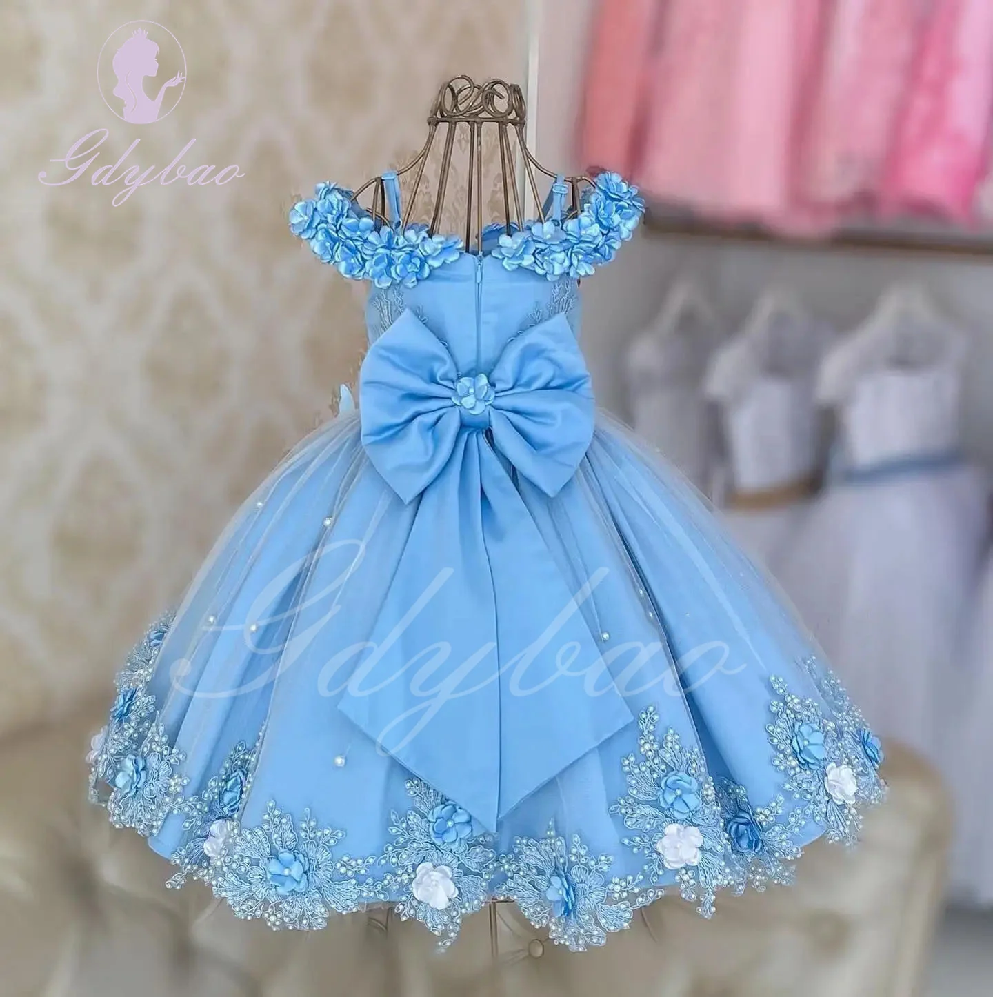 sherri hill backless dress Rebecca flower girl dress sky blue Custom