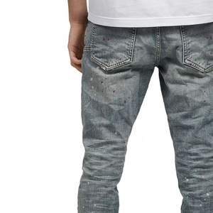 Custom Vintage Washed Slim Fit <b>Jeans</b> Light Blue Faded Denim Trousers Splatter Printed <b>Indigo</b> <b>Jeans</b> for <b>Men</b> - Product Image 6