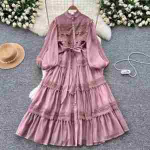Vestido Midi Casual de Verano con Cuello Mao y Corte A para Mujer, Estilo Túnica Vintage con Retazos, Encaje Hueco y Diseño Digital Ecológico Transpirable - Product Image 2