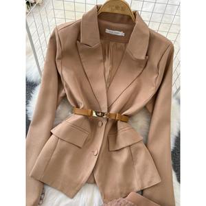 Setelan pakaian kantor wanita dua potong, jaket sosialita pinggang tinggi, rok kue jaring berlapis A-line untuk wanita - Product Image 2