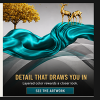 Art mural abstrait paysager or et turquoise, impression de bateau à voile, cerf et arbre pour salle à manger, bureau, hôtel, intérieurs modernes
