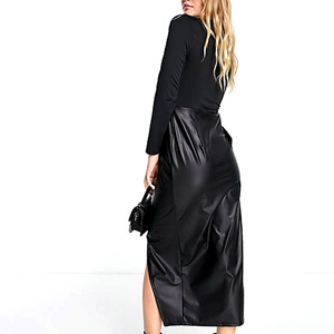 Abiti Casual da donna abito longuette da festa aderente a maniche lunghe con gonna in <span class=keywords><strong>pelle</strong></span> Pu con Clip Sexy - Product Image 3