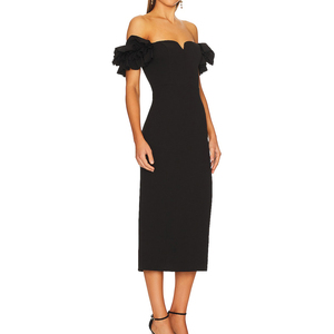 Vestido Midi ajustado de noche elegante para mujer fabricante de ropa personalizada negro Ponte sin mangas con hombros descubiertos y volantes - Product Image 2