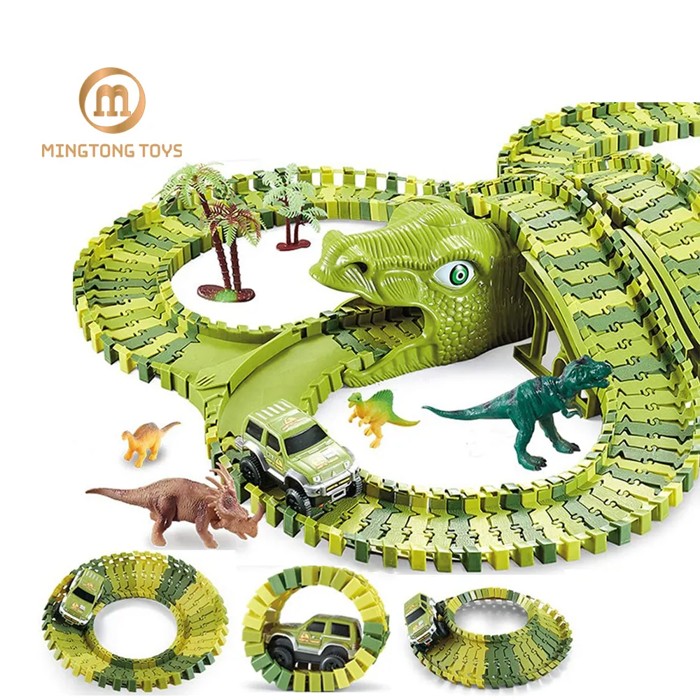 Anak laki-laki 240 buah kecepatan elektrik DIY merakit jembatan Accessuares hewan adegan rel Slot mobil Set Magic fleksibel balap dinosaurus mainan Track