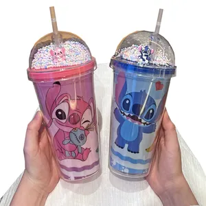 Stitch 450ml copos de plástico duplo Cute Cartoon kids bebendo copos com canudos