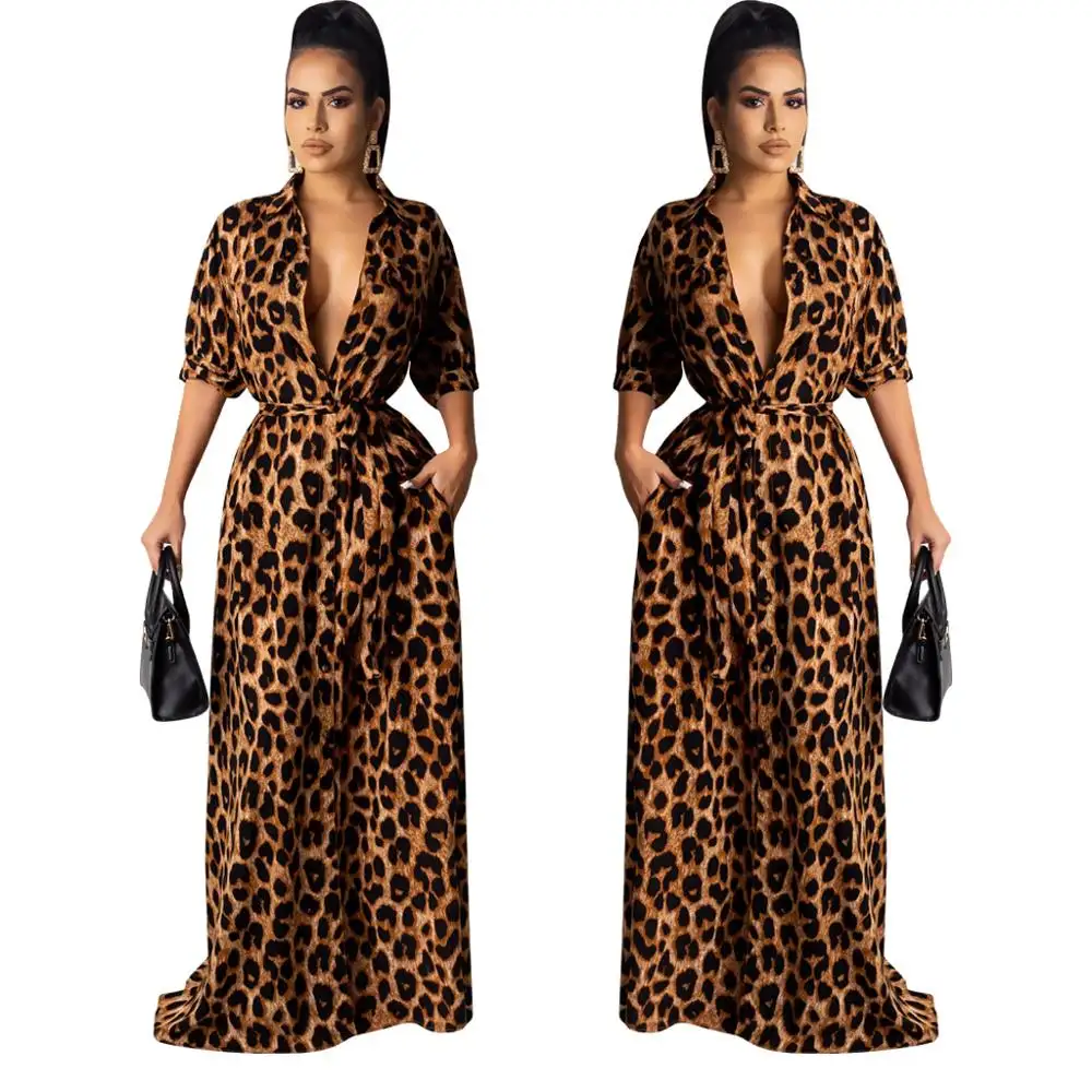 Lässige Damen bekleidung Amazon Frühling Sommerkleid Mode Leoparden muster 5-Punkt-Ärmel Maxi kleid