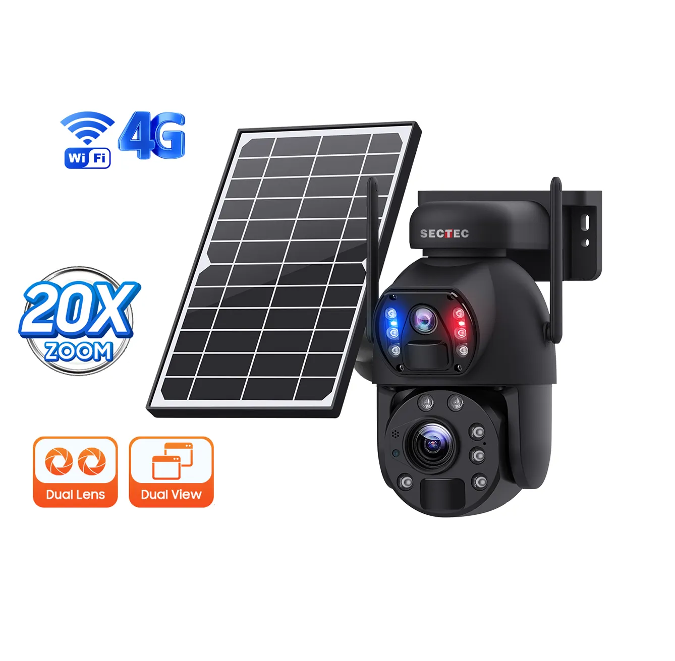 2024 dernière caméra solaire 4G double objectif suivi humain faible puissance 20X Zoom 6MP HD étanche IP66 4G GSM réseau PTZ caméra de vidéosurveillance