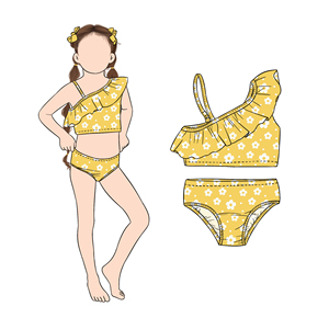 Toptan kızlar için pantolon ile 2 adet bir omuz fırfır <span class=keywords><strong>Bikini</strong></span> seti yaz aylarında bebek kız çocuk ve çocuklar yüzme - Product Image 6