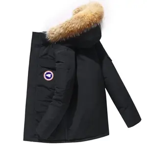 Abrigo de invierno grande y alto para exteriores a la moda, chaqueta de plumas de marca de plumón de ganso, OEM Canadá para hombres y mujeres, lona de algodón tejida informal