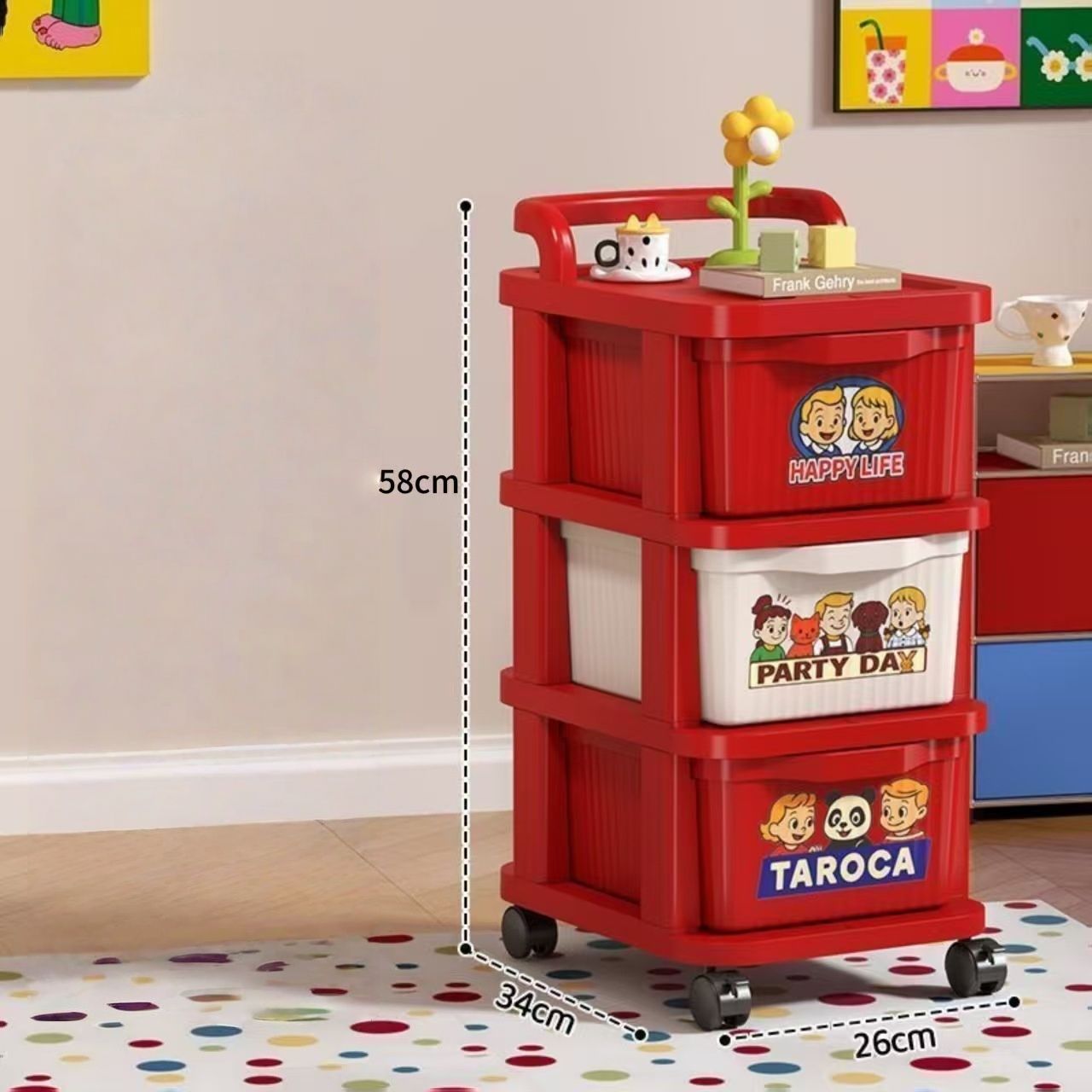 Chariot à main rouge et blanc à 3 niveaux avec autocollants