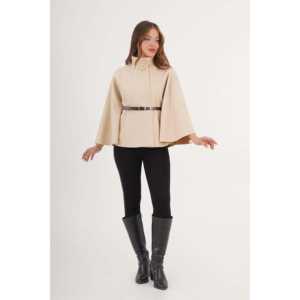 Wholesale <b>for</b> Cream <b>Poncho</b> <b>for</b> <b>Women</b> Belt Detail Single Button Coat - Product Image 4