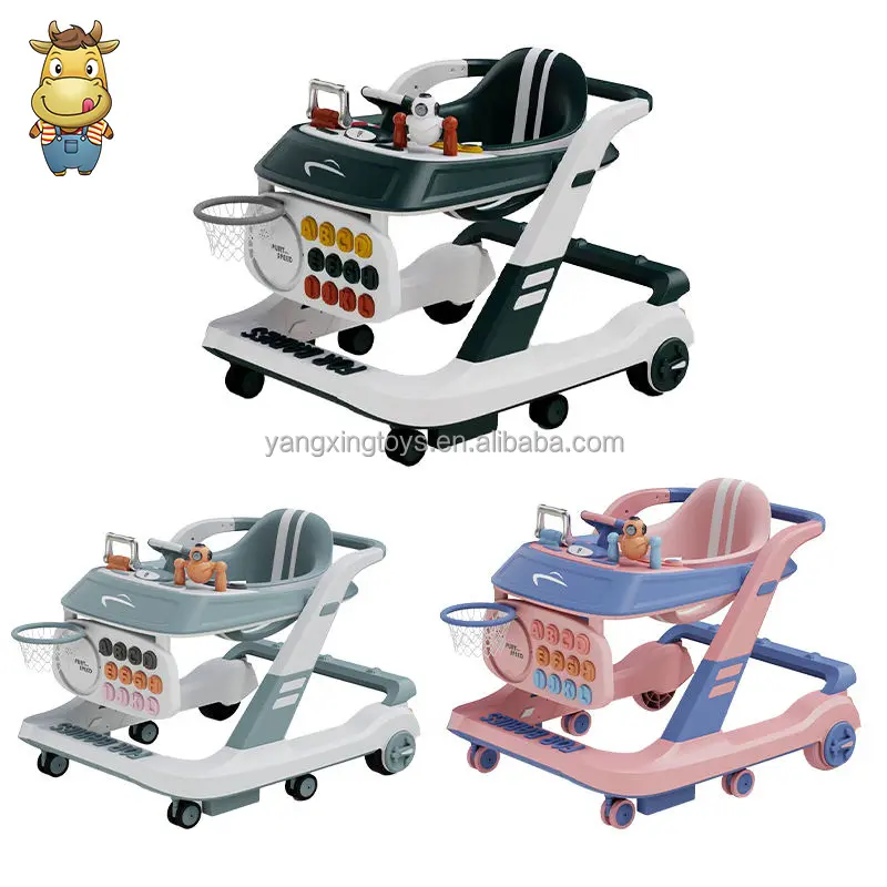 Trotteur pour bébés 3 en 1 avec roues et siège Jouet musical multifonctionnel Jeu de basket-ball Chaise pliable et détachable pour tout-petits