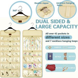Hanging Jewelry Organizer Canvas Double Sided With Zippered Pockets For Earring Necklace Ring Storage Women Vintage Style - Product Image 4