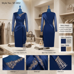 Robe fourreau mi-longue en satin bleu nuit drapée avec manches transparentes et franges de cristaux, respirante, élégante, pour soirée et tenue de cérémonie - Product Image 2