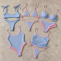 Ensemble de bikini pour femme en tissu recyclé texturé OEM, doublure double, design personnalisé, gingham, bordure à volants contrastée, maillot de bain