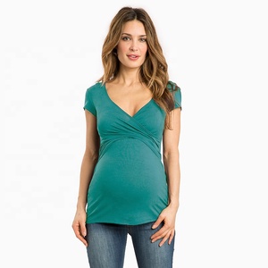 Logo personnalisé OEM Vêtements de maternité extensibles pour l'<span class=keywords><strong>allaitement</strong></span> T-shirts de grossesse à ourlet creux en coton biologique - Product Image 2