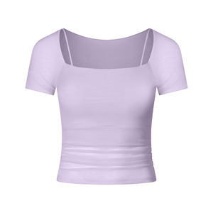 Top deportivo de yoga 2 en 1 para mujer, de malla, manga corta, cuello cuadrado, con sujetador incorporado, ajuste ceñido, para gimnasio, pilates y entrenamiento. - Product Image 4