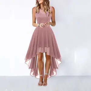 Women's Lace Bowknot Elegant Irregular Length Dress Sleeveless Dress Bridesmaid Cocktail Party Dress Pink Black