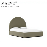 Lit double contemporain minimaliste de luxe léger, couleur personnalisée, en bois massif, avec tête de lit cintrée entièrement recouverte de tissu et rangement intégré