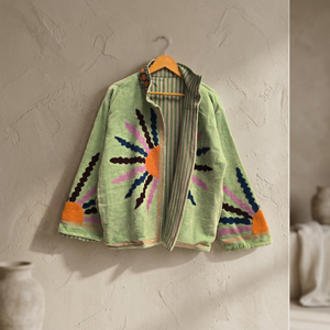 Wholesale Vintage Style Light <b>Green</b> <b>Velvet</b> Jacket Women Hand Embroidered Sun Short Coat Boho Winter Outerwear With Geometric - Product Image 4