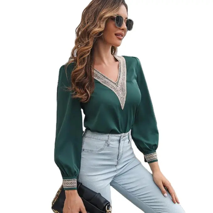 New Fashion Korean Style V Neck Women Casual Long Sleeve Chiffon Blouse with Lace