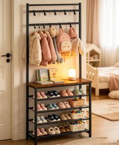 Meilleure vente : Étagère à <span class=keywords><strong>chaussures</strong></span> avec porte-manteau, étagère <span class=keywords><strong>de</strong></span> rangement à cinq niveaux avec 9 crochets mobiles, adaptée - Product Image 1