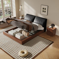 Mid-Century Modern Doppelbett mit Kopfteil und Stauraum, Massivholzrahmen, Schwarzes Leder-Polsterbett mit Hydraulischer Hebevorrichtung und Schublade