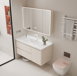 Muebles de Baño Minimalistas en Color Blanco Crema, 2 Cajones, 1 Puerta con Espejo Inteligente con Sensor Táctil - Product Image 2