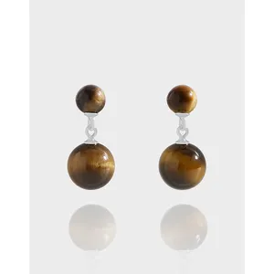 Yanen Original Fine Jewelry Earrings 925 Sterling Silver Tiger Eye Stone round Bead Ball Drop Simple Gemstone Earring Women