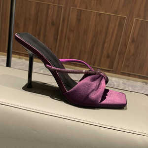 2024 nuovi sandali con cinturino in strass di raso viola da donna con fiocco con tacco a vista con punta alta infradito estivi con tacco esterno - Product Image 3