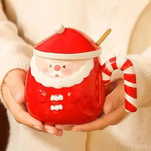 แก้วเซรามิกลายซานตาคลอสมีมือวาด3D,แก้วมักน่ารักใช้ในครัวเรือนพร้อมฝาปิดช้อนแก้วดื่มน้ำความจุมากถ้วยเด็ก