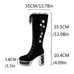 Bottes d'été à découpe avant pour femme, montantes à lacets, plateforme, talons épais, bottines longues sexy à bout rond en daim à motif floral - Product Image 6