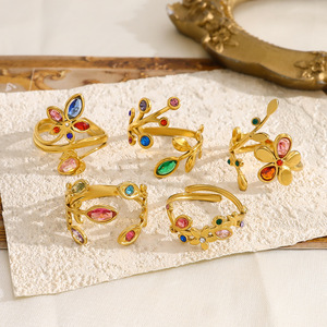 18K Gold Plated Stainless Steel <b>Adjustable</b> <b>Ring</b> New Rainbow Zirconia Leaf Design for Wedding Engagement Party Anniversary - Product Image 1