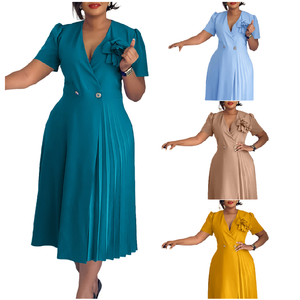 Robes d'été C8628 pour femmes, décontractées et élégantes, col en V, manches courtes, <span class=keywords><strong>robe</strong></span> <span class=keywords><strong>longue</strong></span> plissée à fleurs 3D, style africain pour femmes - Product Image 1