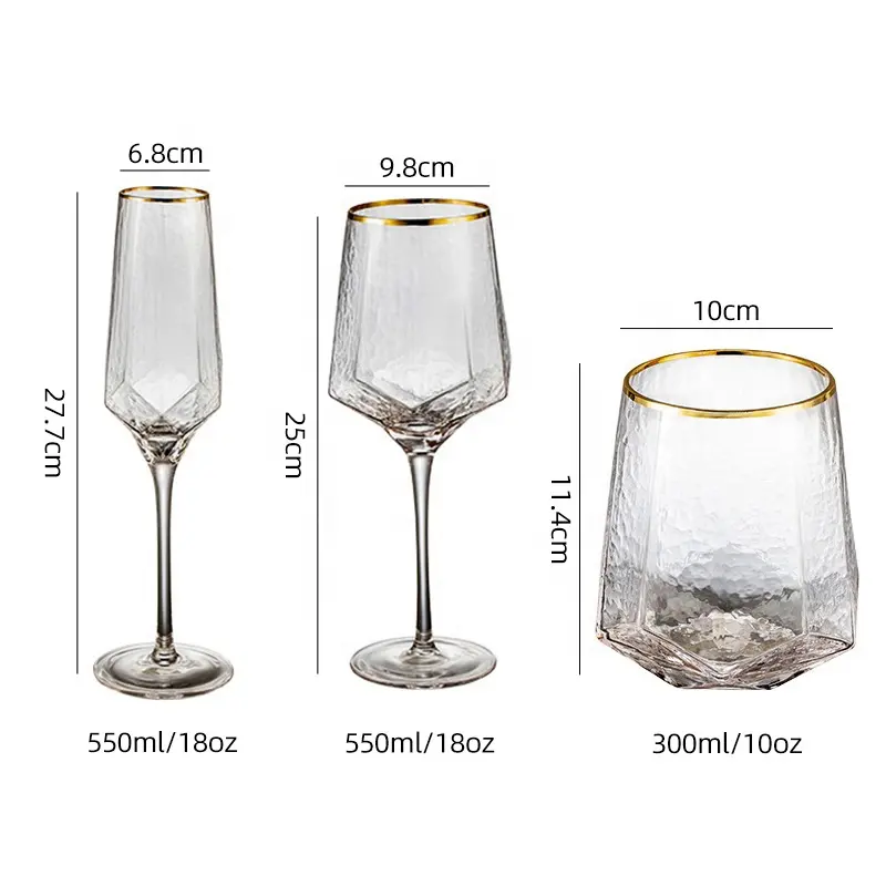 luxury wedding crystal clear diamond shape goblet gold rim red wine glass set