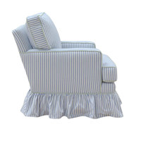 Fauteuil d'appoint pivotant de style rétro français, bleu et blanc rayé, avec garniture à franges, pour salon ou chambre à coucher
