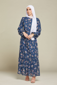 Vestido Maxi Modesto con Estampado Floral Azul Personalizado de Leduo para Mujer – Vestido de Gasa con Cinturón y Volantes en el Bajo, Manga Larga, Perfecto para Musulmanas - Product Image 2