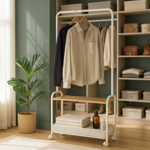 Modern Home Organizer Free Garment Rack Stylish Rolling Wheels Easy Assembly Metal <b>Storage</b> Basket Multifunction Shoes - Product Image 2