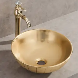 Hight Kwaliteit Chinese Washroom Reliëf Circulaire Wastafel Sink Golden Keramische Gezicht Wastafel