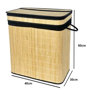 Large Bamboo Woven Laundry Basket 2-Partition Multifunctional Foldable Laundry Basket With Lid