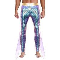 Leggings de costume de sirène pour homme, imprimé écailles de poisson, ceinture dorée brillante, maille transparente, nageoires, tenue de cosplay pour fête d'Halloween, taille personnalisée
