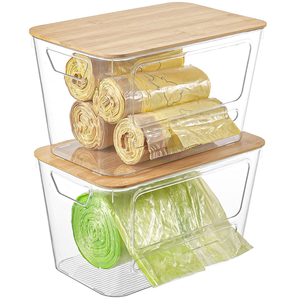 Porte-sacs poubelle en plastique transparent avec couvercle en bambou, bac à linge empilable, conteneur de rangement sous l'évier - Product Image 5