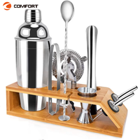 Kit personnalisable en acier inoxydable Barman Cocktail Maker 500ml Cocktail Shaker Bar Tools Mixing Barware Set avec support en bois