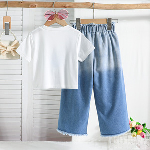 Nuovo Completo Estivo per Ragazze, Set <span class=keywords><strong>con</strong></span> Rosa <span class=keywords><strong>Blu</strong></span> Tridimensionale, Pantaloni Larghi in Denim Sfumato, Set Due Pezzi <span class=keywords><strong>con</strong></span> Stampa a Caldo di Stelle - Product Image 4