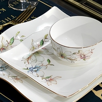 Service de table en porcelaine fine à bord doré de 50 pièces pour mariage et dessert de banquet - Vaisselle de luxe pour la maison et l'hôtellerie