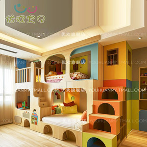 Chambre d'enfant multifonctionnelle intégrée avec lit superposé et espace pour animaux de compagnie, style grenier, design arc-en-ciel coloré - Product Image 4