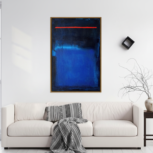 Arte abstracto en lienzo estilo Rothko: azul profundo, impresión con detalles de líneas rojas, lienzo con marco dorado - Product Image 3