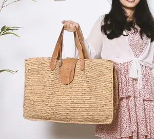 Huge Large Women 2021 Bolso Straw Rafia De Playa Woven Oversized Straw Natural Bali Summer Beach Tote Raffia Straw Bag Leather